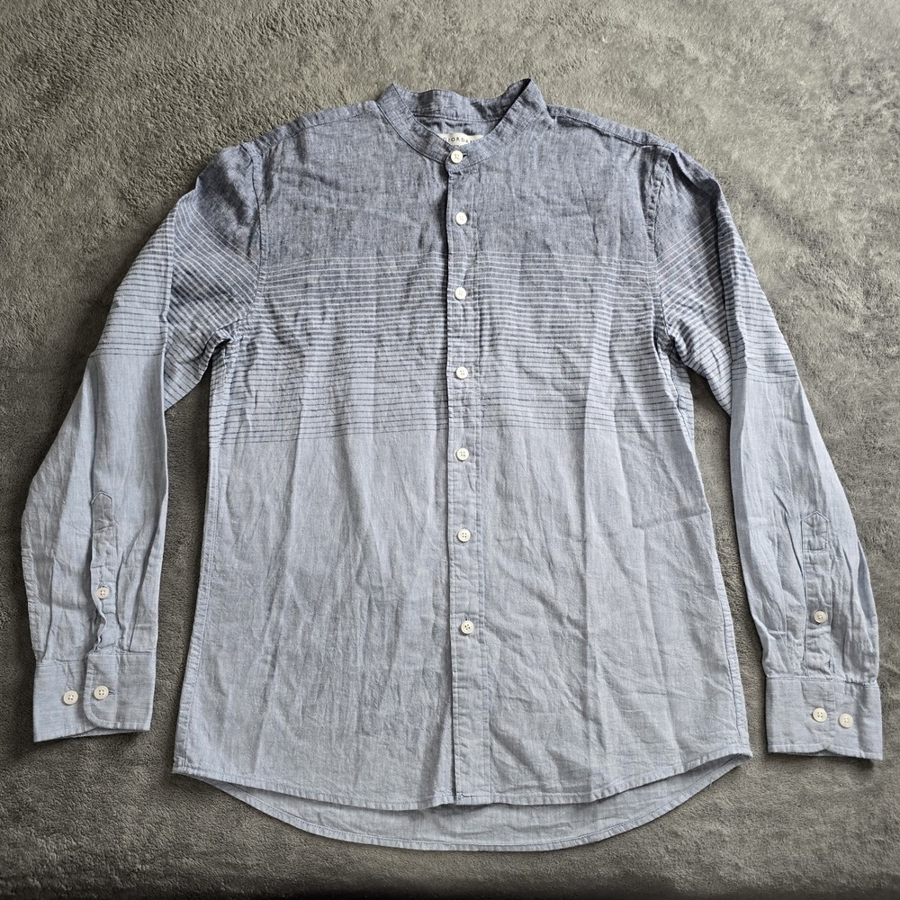 Giordano Linen Blend Shirt Mens Small Slim Blue Striped Button Up Band Collar